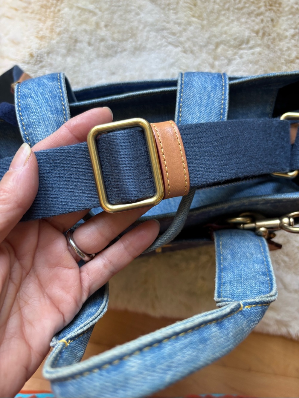 Coach Blue Denim Tote with Navy Logo and Tan Tag - Picture 7 of 9